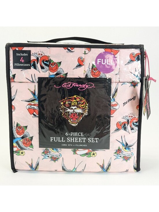 Ed Hardy Other - Ed Hardy Full Sheet Set 6-Piece w 4 Pillowcases Pink Bird Rose Tattoo Sheets